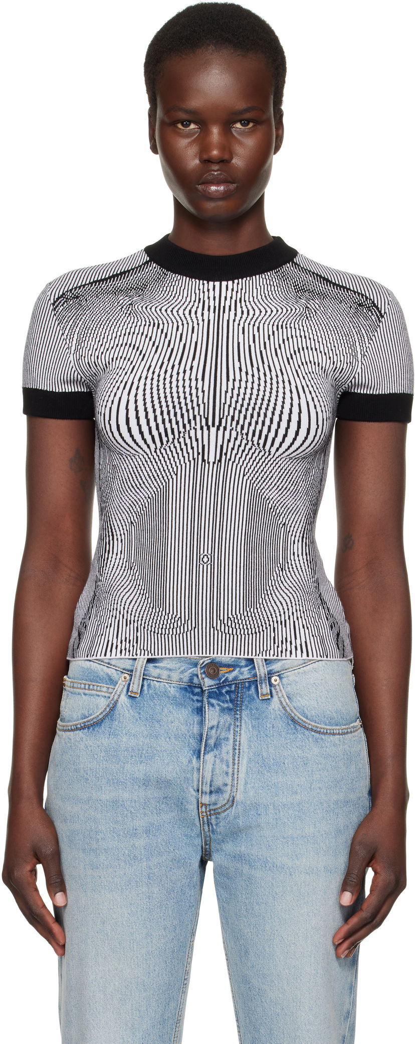Villapaita Jean Paul Gaultier Jean Paul Gaultier Morphing Pinstripes Jacquard T-Shirt Musta | 25/33-F-TS110-M084-0100