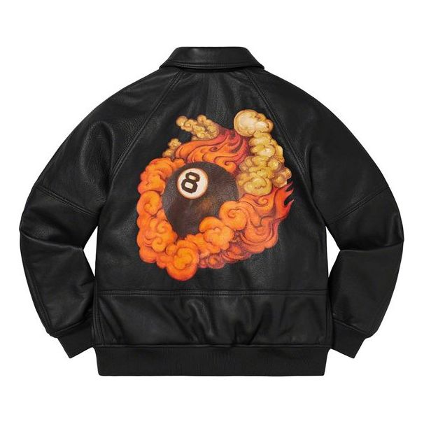 Bomber-takki Supreme Martin Wong x Schott 8-Ball Leather Varsity Jacket Musta | SUP-FW19-219