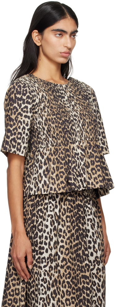T-paita GANNI GANNI Smocked Leopard Print Blouse Beige | W0205, 1
