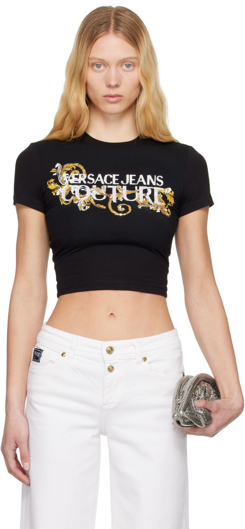 Crop top Versace Versace Jeans Couture Crystal Outline Barocco Cropped T-Shirt Musta | E78HAHC05_ECJ02C