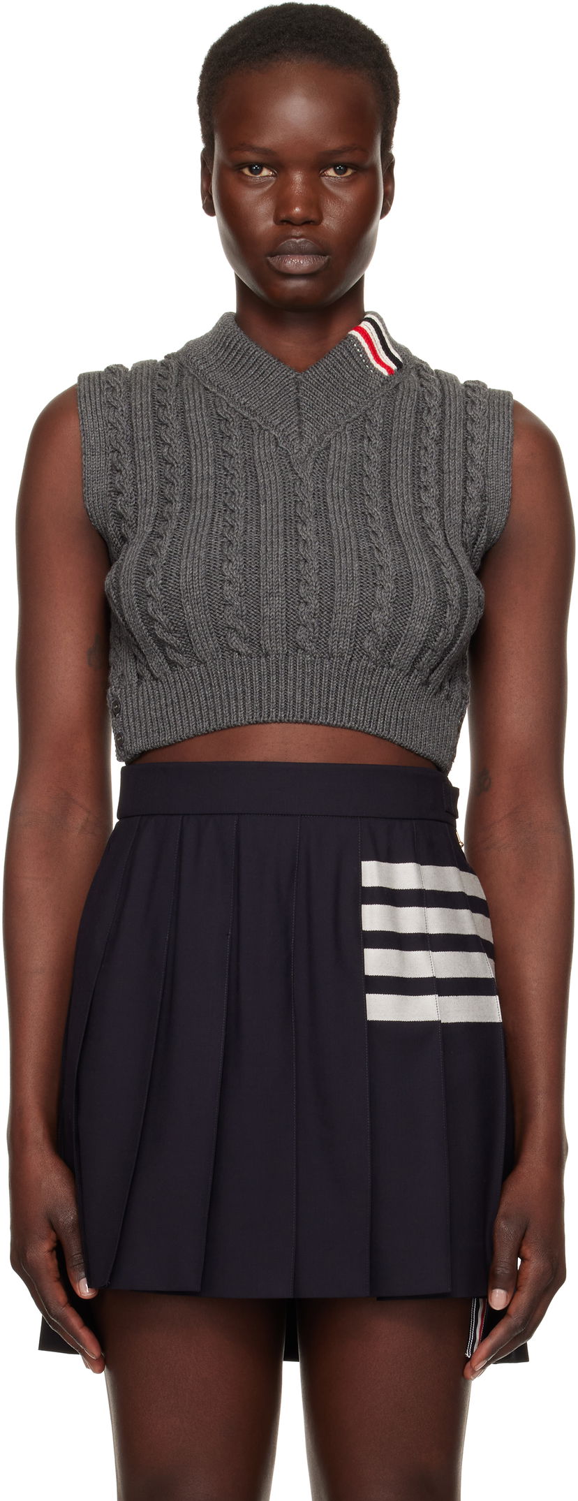 Hame Thom Browne Cable Cropped V-Neck Vest Sininen | FKV202A-Y1024
