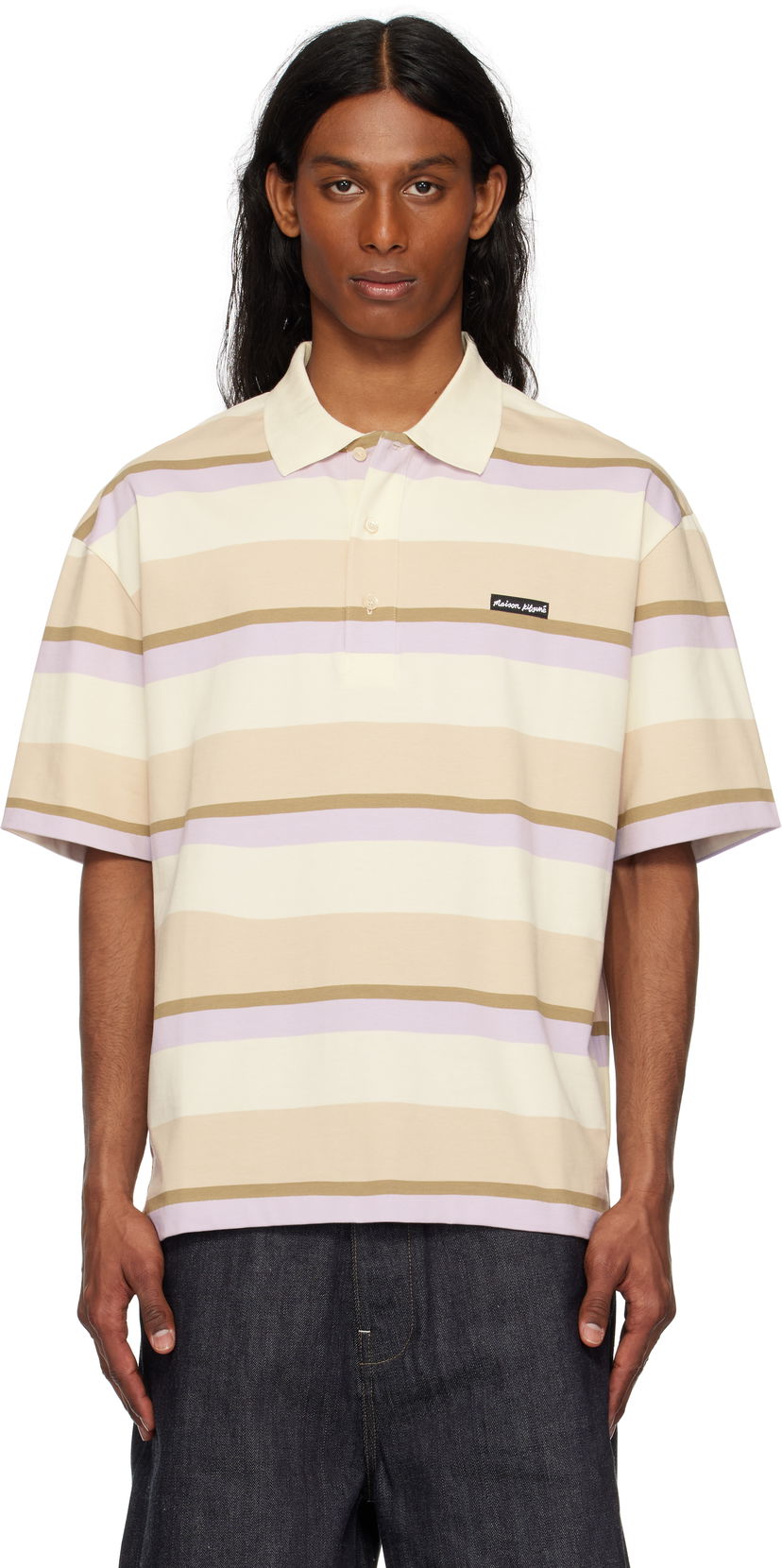 Poolopaita MAISON KITSUNÉ Maison Kitsuné Striped Oversize Polo Beige | OM00206KJ7019