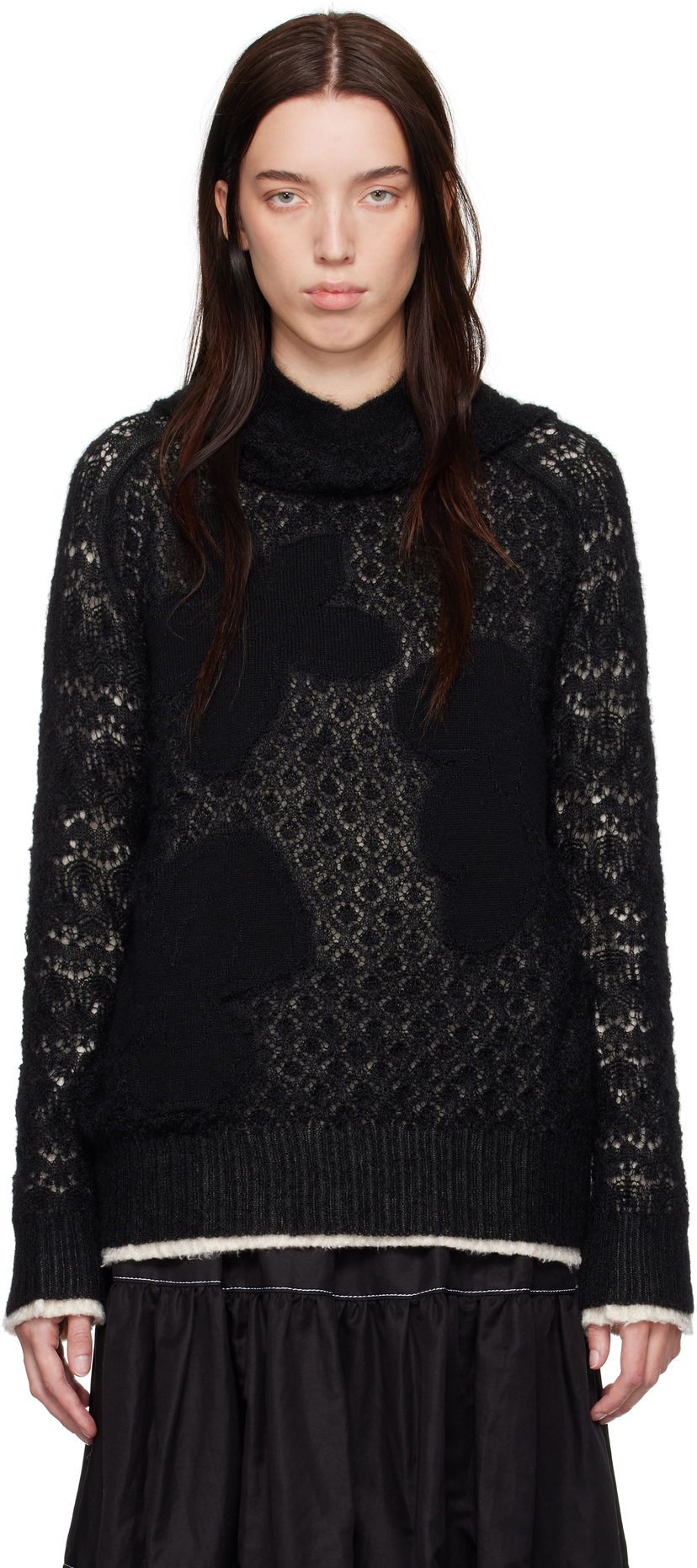 Villapaita Comme des Garçons Comme Des Garçons Wool Lace Pattern Intarsia Hoodie Musta | TN-N024-051