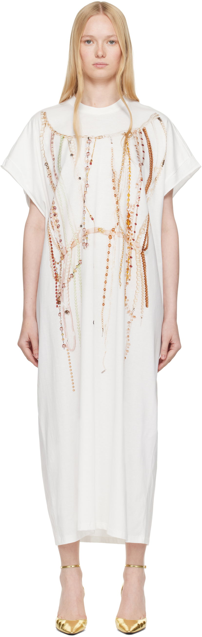 Mekko Maison Margiela MM6 Maison Margiela Jersey Midi Dress with Beaded Graphic Valkoinen | S62DG0049 M20118