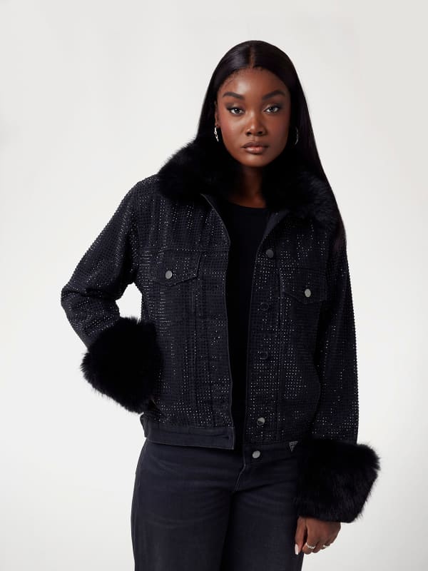 Takki GUESS Faux Fur Trim Rhinestone Denim Jacket Musta | W4BN48D5HM1