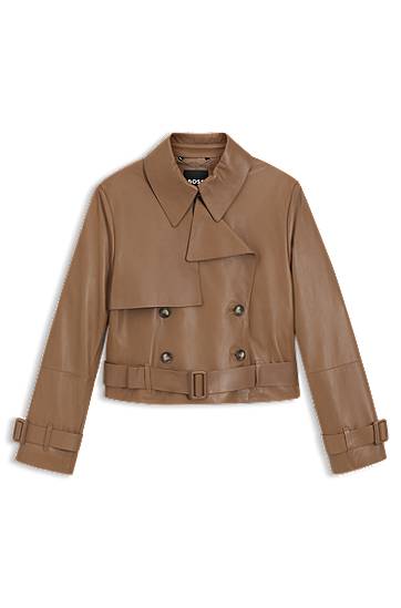 Takki BOSS Leather Trench Jacket with Tie Belt Ruskea | 50541289