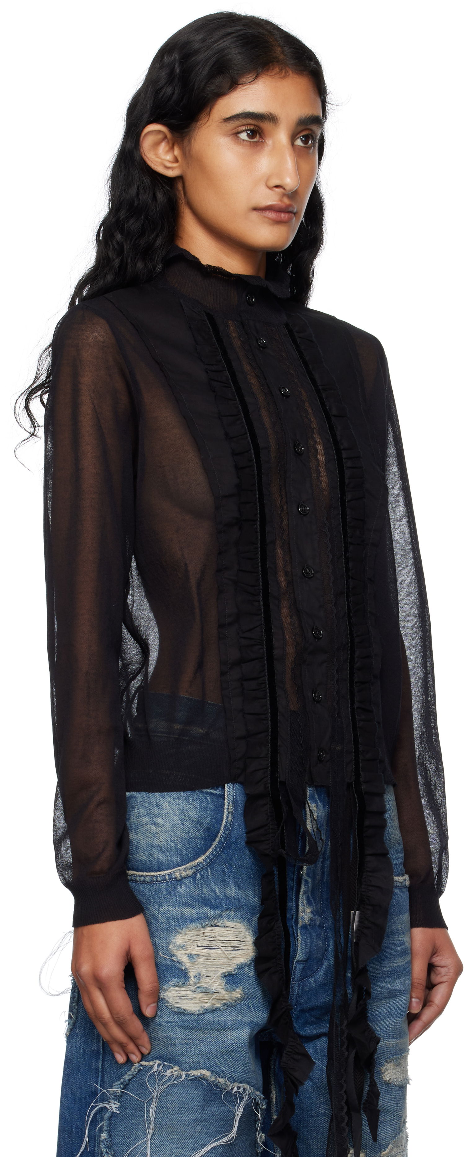 Paita Ann Demeulemeester Ann Demeulemeester Monya Sheer Ruffle Blouse Musta | B0012852-KN008-099, 1