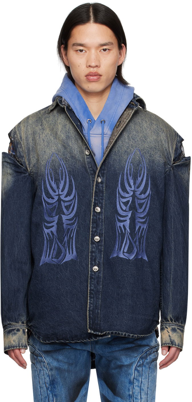 Paita Who Decides War Gradient Denim Shirt with Tribal Embroidery and Cut-Out Shoulders Sininen | 1110240010SS24