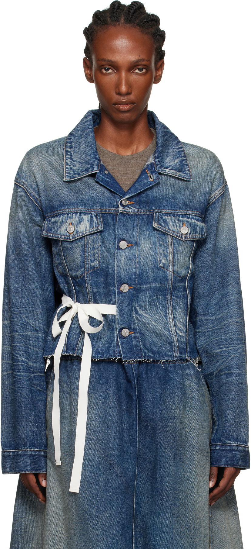 Takki Maison Margiela MM6 Maison Margiela Cropped Denim Jacket with Tie Sininen | S52AM0340 M30017