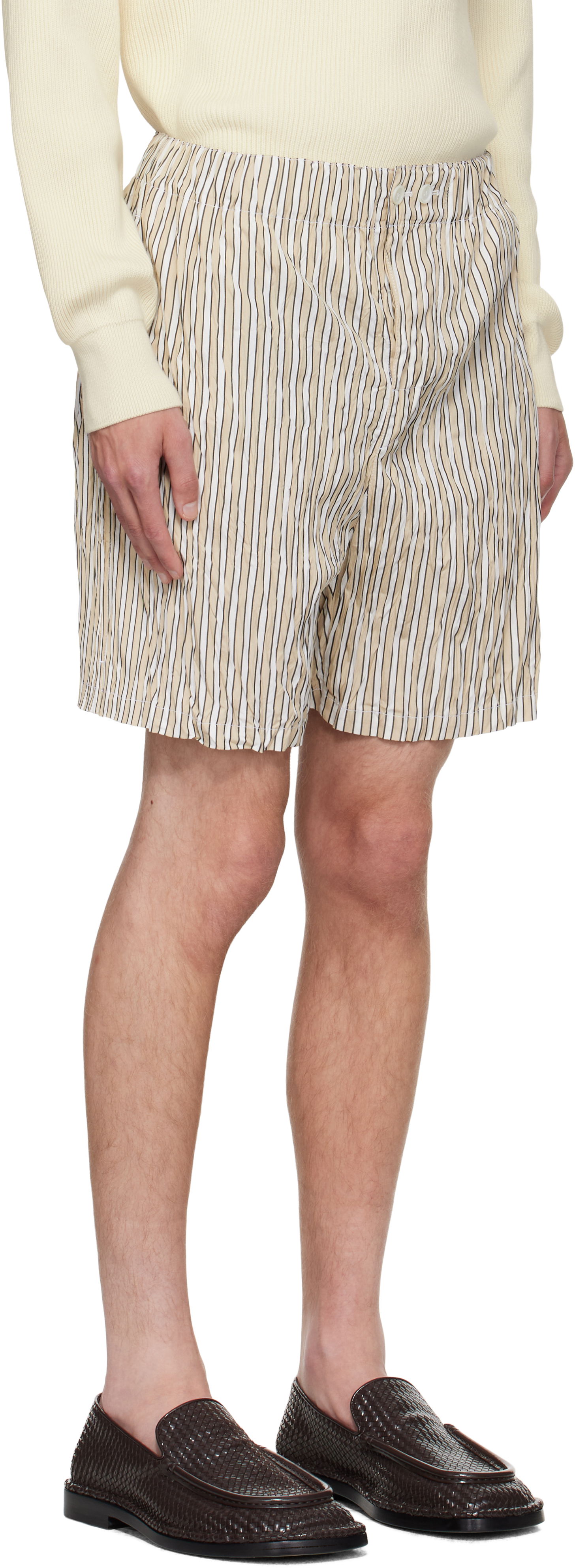 Shortsit Bottega Veneta Bottega Veneta Crushed Tech Cotton Stripe Shorts Beige | 833970V5NM08773, 1
