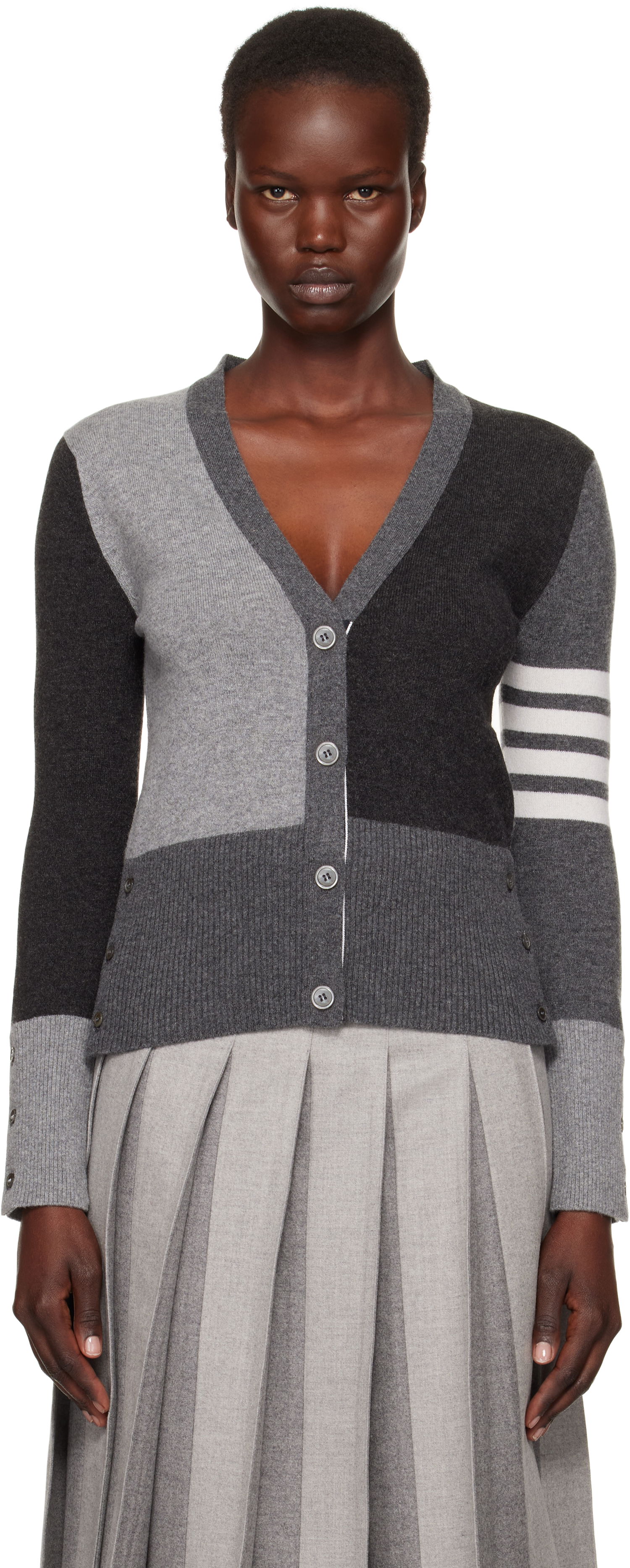 Villapaita Thom Browne Funmix 4-Bar V-Neck Cardigan Harmaa | FKC001F-00011, 0