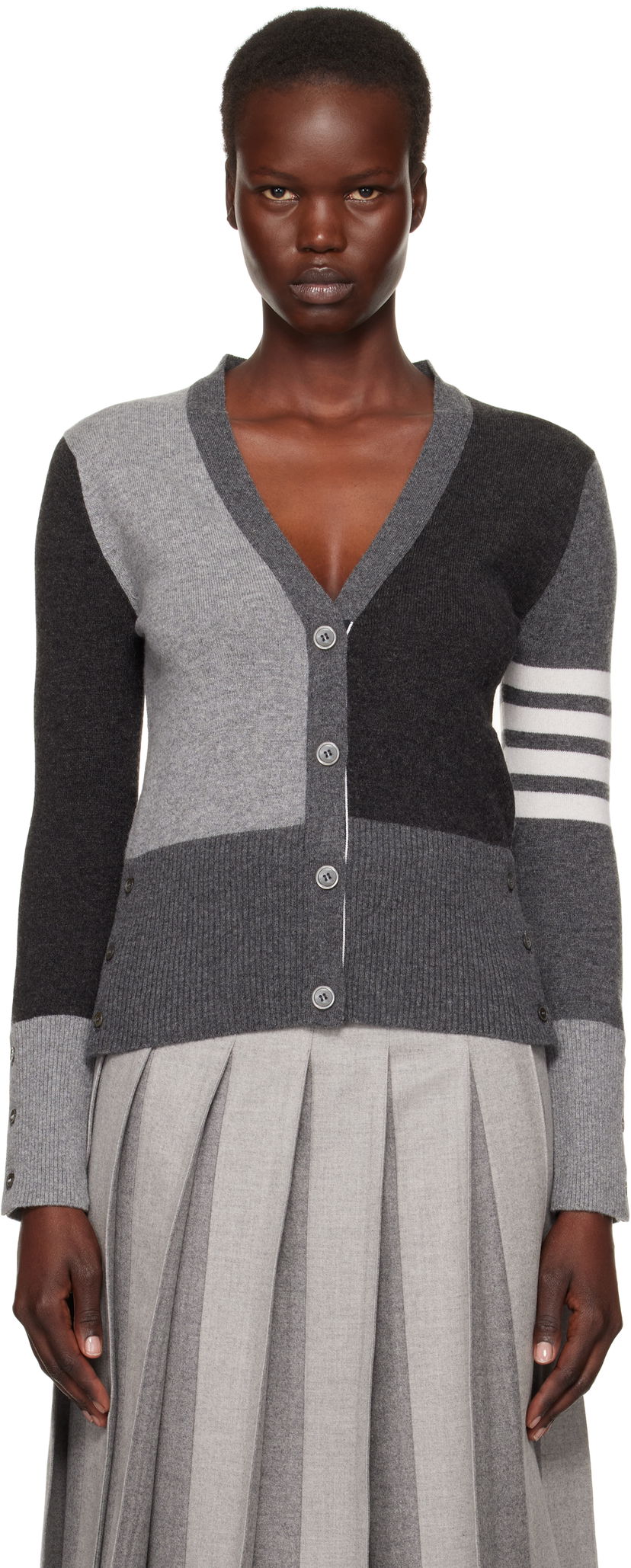 Villapaita Thom Browne Funmix 4-Bar V-Neck Cardigan Harmaa | FKC001F-00011