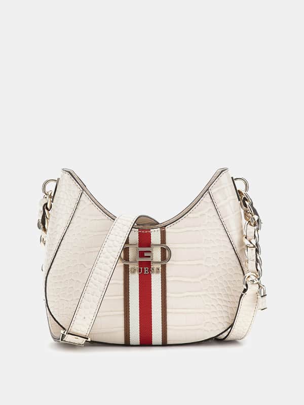 Käsilaukku GUESS Nelka Croc-Print Mini Crossbody Beige | HWCG9307120