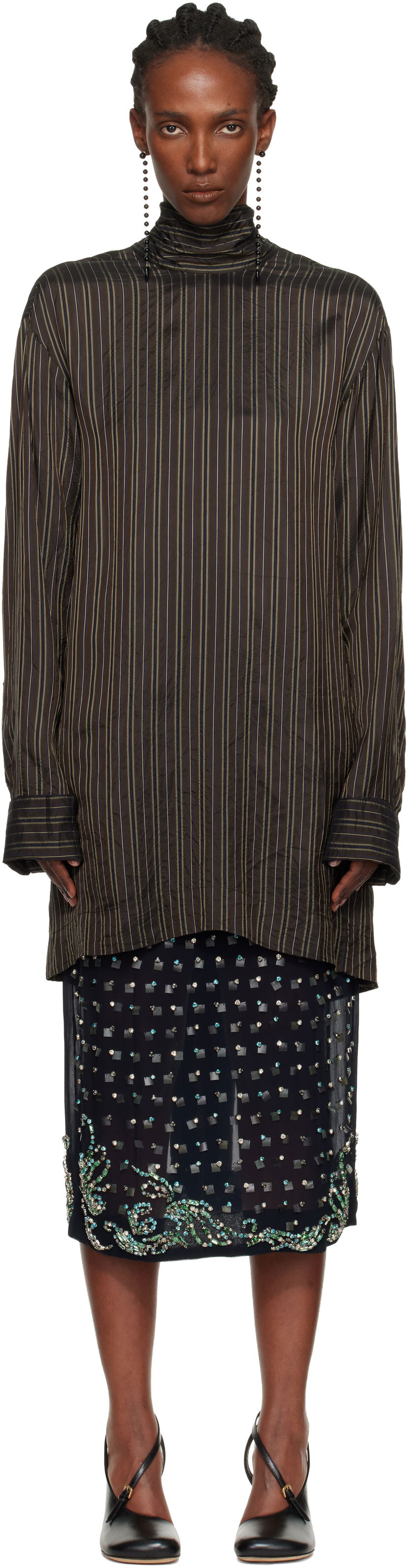 Paita Dries Van Noten Dries Van Noten Striped Long-Sleeve High-Neck Blouse Ruskea | 252-010779-2267