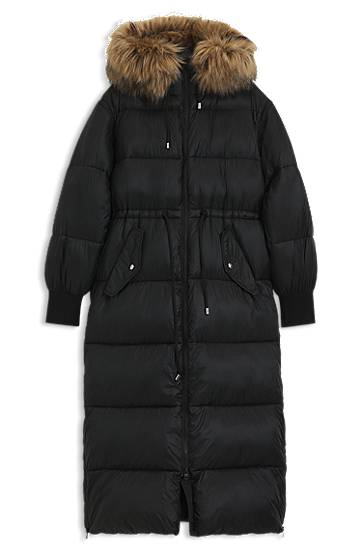 Puffer takki BOSS Long Water-Repellent Puffer Parka with Detachable Faux Fur Hood Trim and Sleeves Musta | 50547222