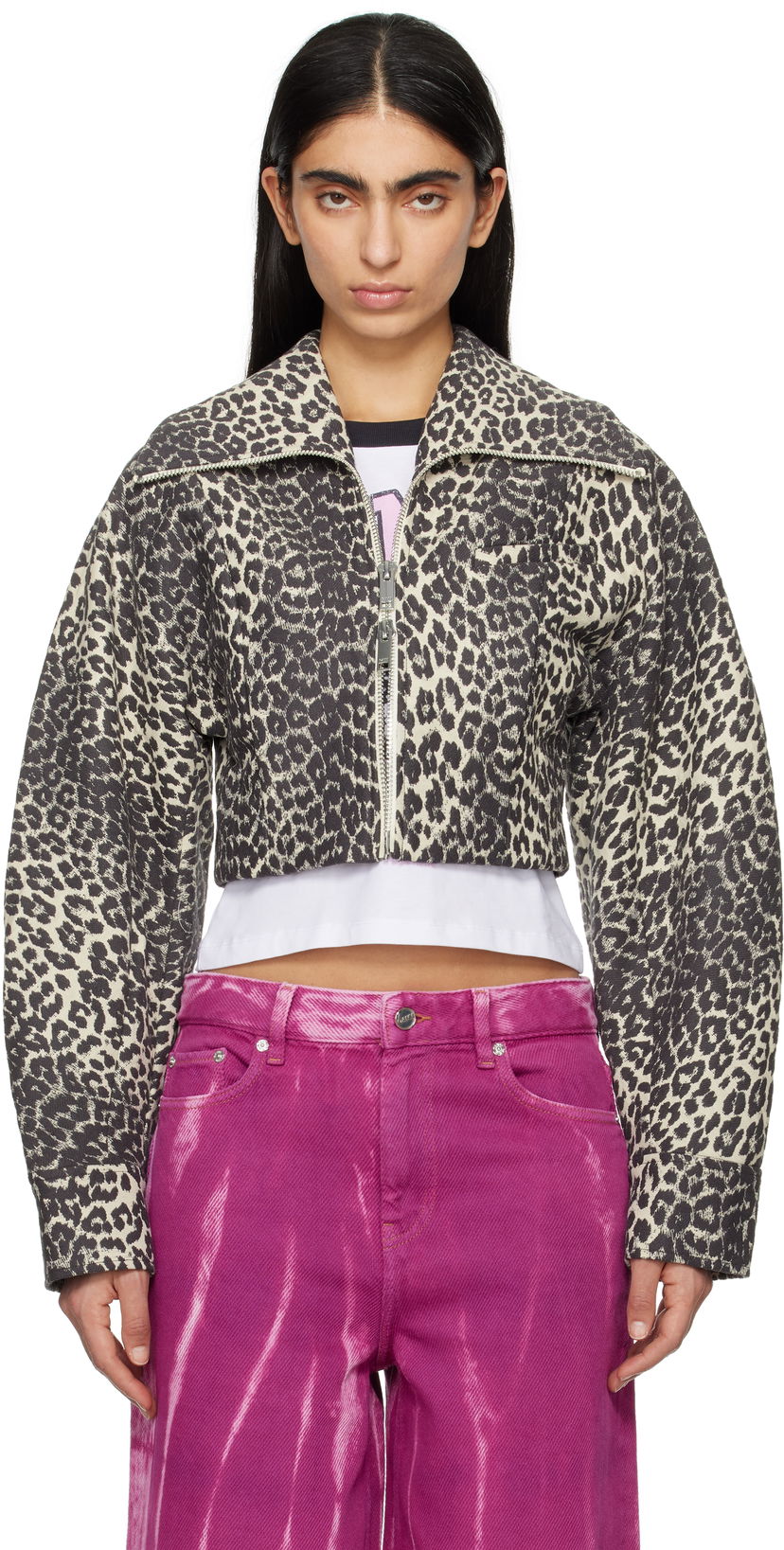 Bomber-takki GANNI Ganni Leopard Print Curve Sleeve Cropped Jacket Beige | W0235