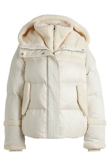 Puffer takki BOSS Water-Repellent Puffer Jacket with Teddy Trim Valkoinen | 50524479