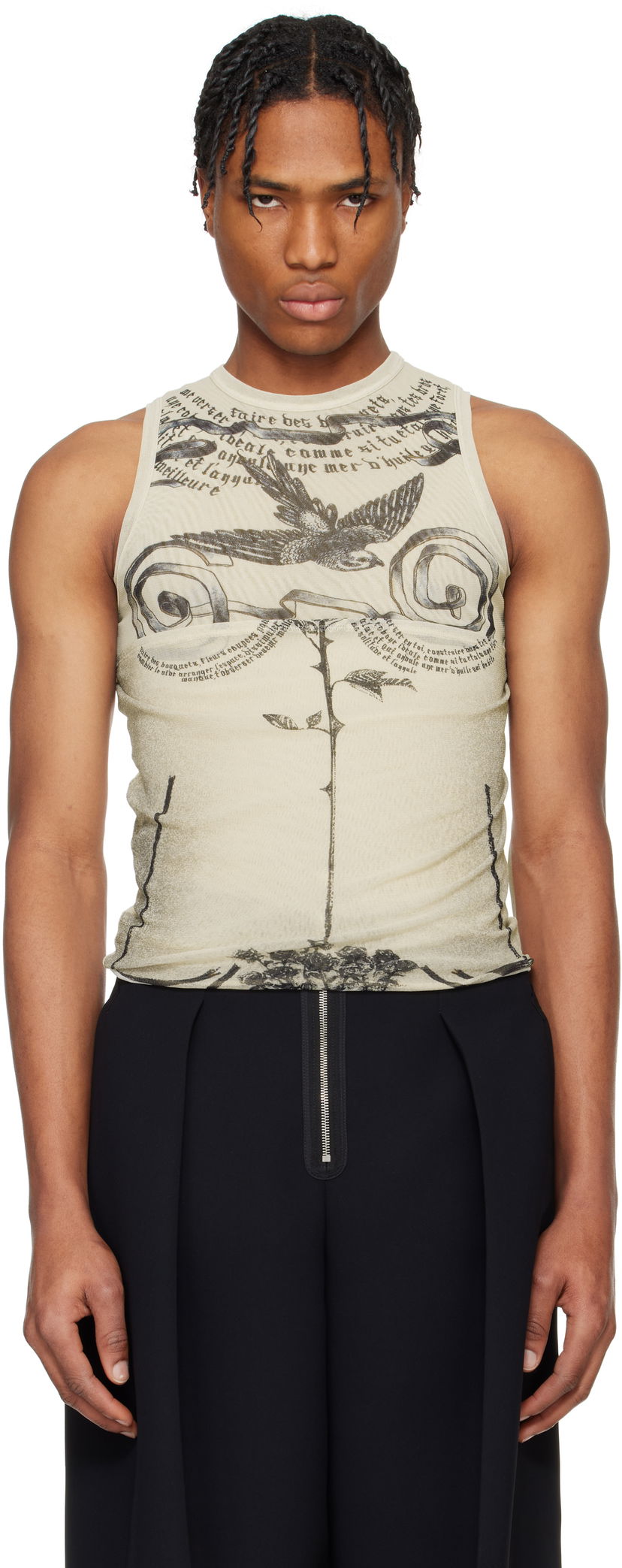 Tankkitoppi Jean Paul Gaultier Jean Paul Gaultier 'The Tattoo Rose and Bird' Graphic Print Tank Top Beige | 25/34-F-DB054-T583-030030