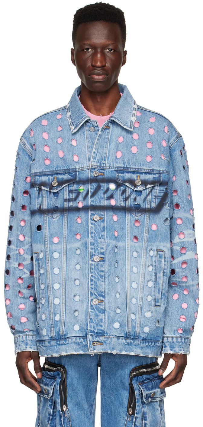 Takki We11done We11done Logo Distressed Denim Jacket Sininen | WD-DJ1-22-355-U-BL
