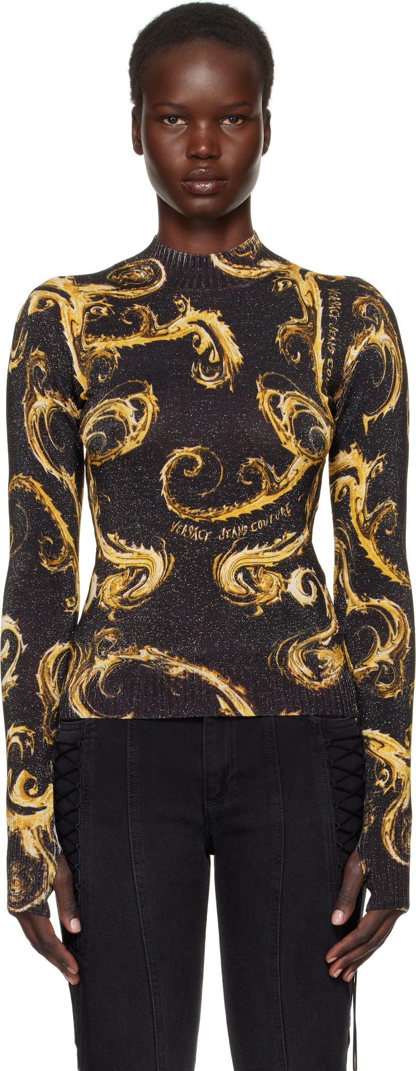 Villapaita Versace Black & Gold Knit Lurex Sweater Musta | E77HAFM24_ECMN80