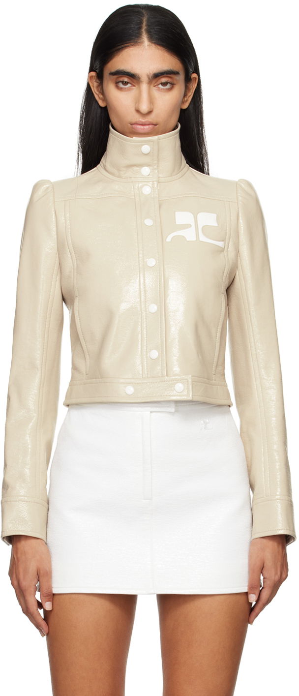 Takki Courrèges Reedition Cropped Faux Leather Jacket Beige | PERCBL005VY0014