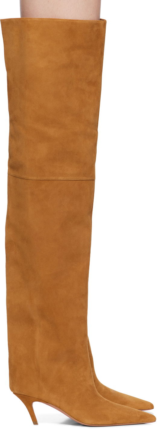 Mekko Amina Muaddi Amina Muaddi Fiona Thigh-High Suede Boots Ruskea | FIONA THIGH BENDED HEEL SUEDE