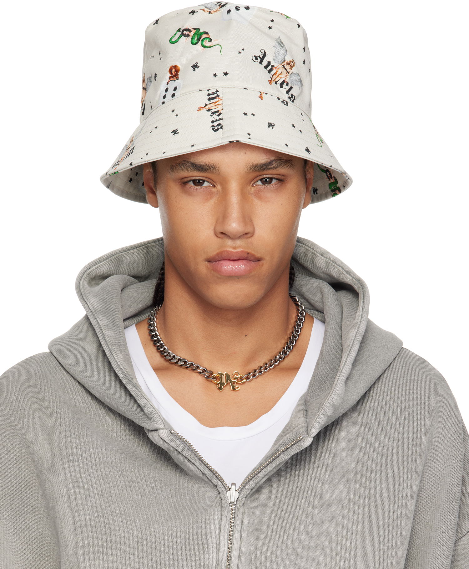 Hattu Palm Angels Palm Angels Pin Up All Over Print Bucket Hat Beige | PMLA039S25FAB0040B84, 0