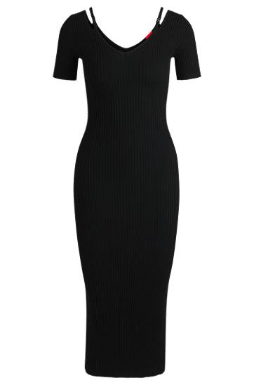 Mekko BOSS Ribbed-Knit Bodycon Midi Dress with Cutout Details Musta | 50538239