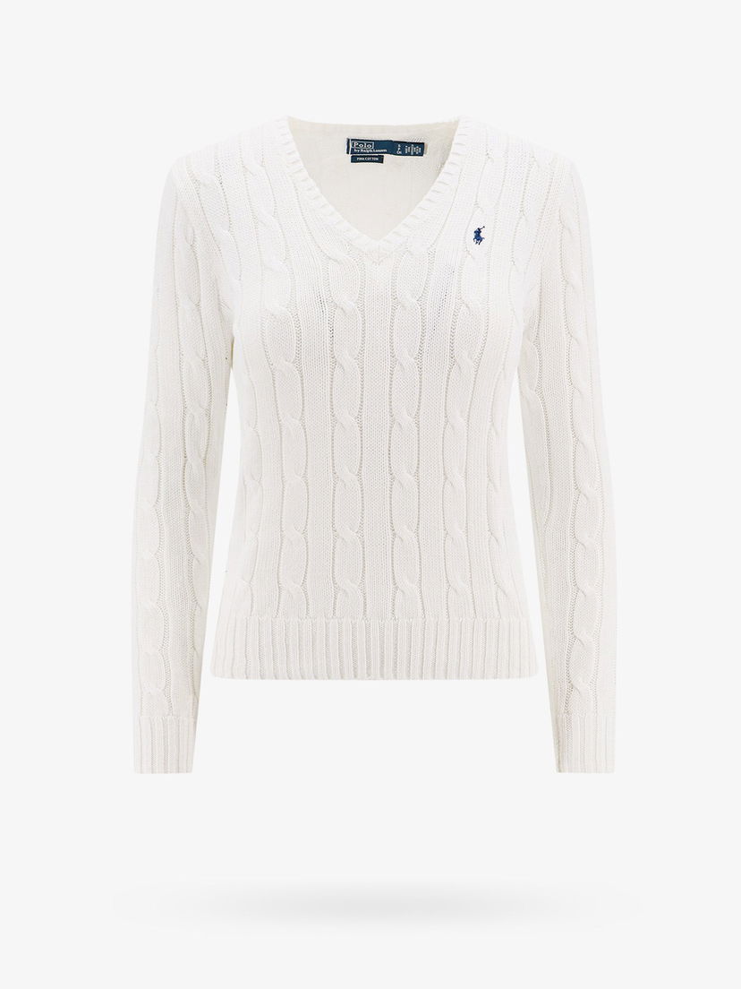 Villapaita Polo by Ralph Lauren White Cable Knit V-Neck Sweater Valkoinen | 211891641001