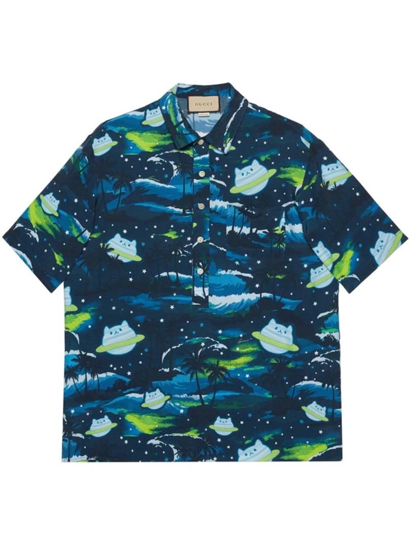 Paita Gucci Abstract-Print Short-sleeved Shirt Blue Sininen | 694143 ZAJAT 4606
