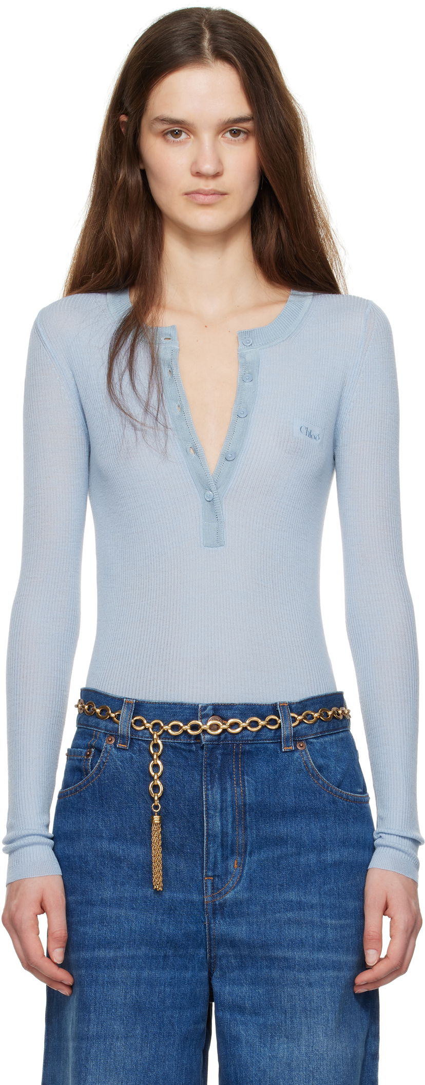 Body CHLOÉ Chloe Long Sleeve Henley Top Sininen | CH24WMP51667