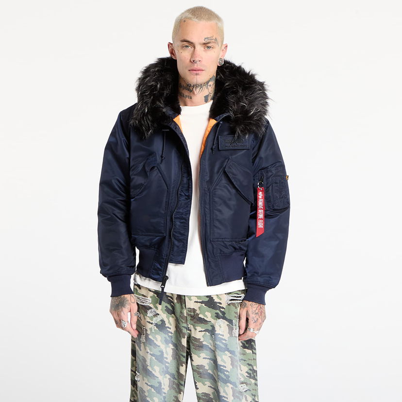 Bomber-takki Alpha Industries Hooded Custom Ultra Bomber Jacket with Faux Fur Trim and Orange Lining Tummansininen | 113145-697