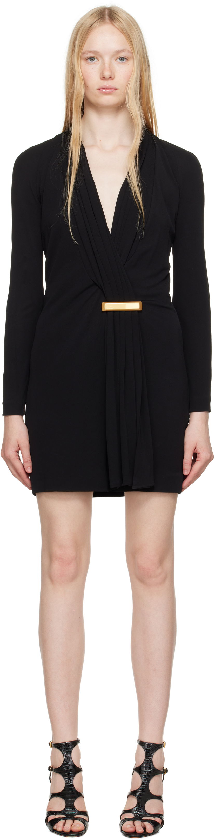 Mekko Tom Ford TOM FORD V-Neck Long Sleeve Cocktail Minidress Musta | ABJ835-JEX131