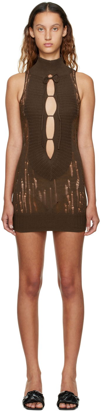 Mekko GUIZIO Guizio Distressed Knit Mini Dress Ruskea | KTD 2