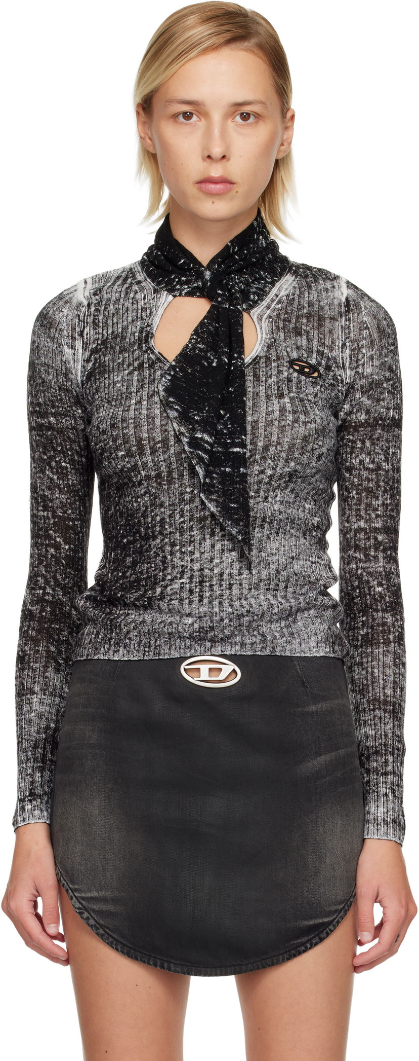 Villapaita Diesel M-Elan Distressed Rib Knit Scarf-Neck Sweater Musta | A18866 0BJBR
