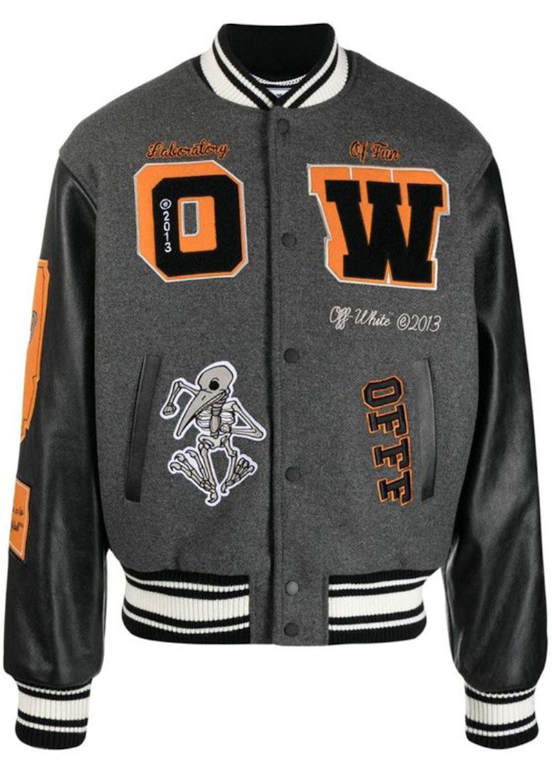 Bomber-takki Off-White Patch Embellished Varsity Bomber Jacket Medium Grey Yellow Black Musta | OMJA059F21LEA0010684
