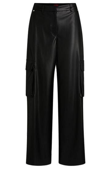 Cargo housut BOSS Loose Fit Faux Leather Cargo Trousers Musta | 50534209