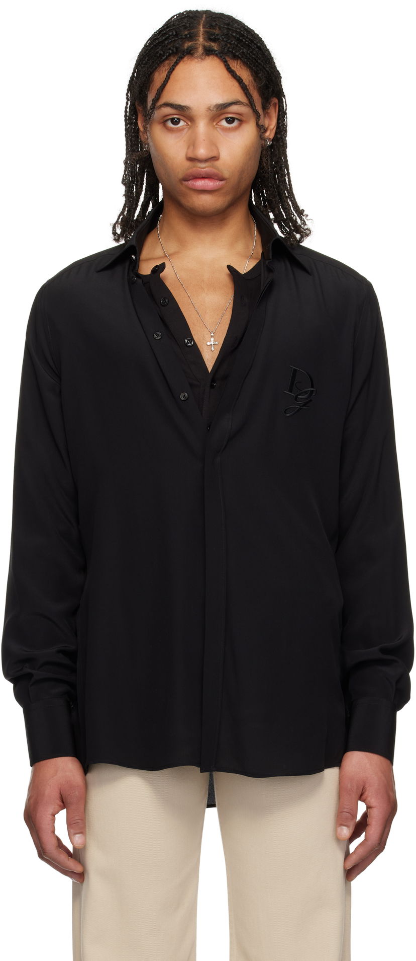 Paita Dolce & Gabbana Dolce&Gabbana Silk Logo Embroidered Shirt Musta | G5MO1ZFU1UQ
