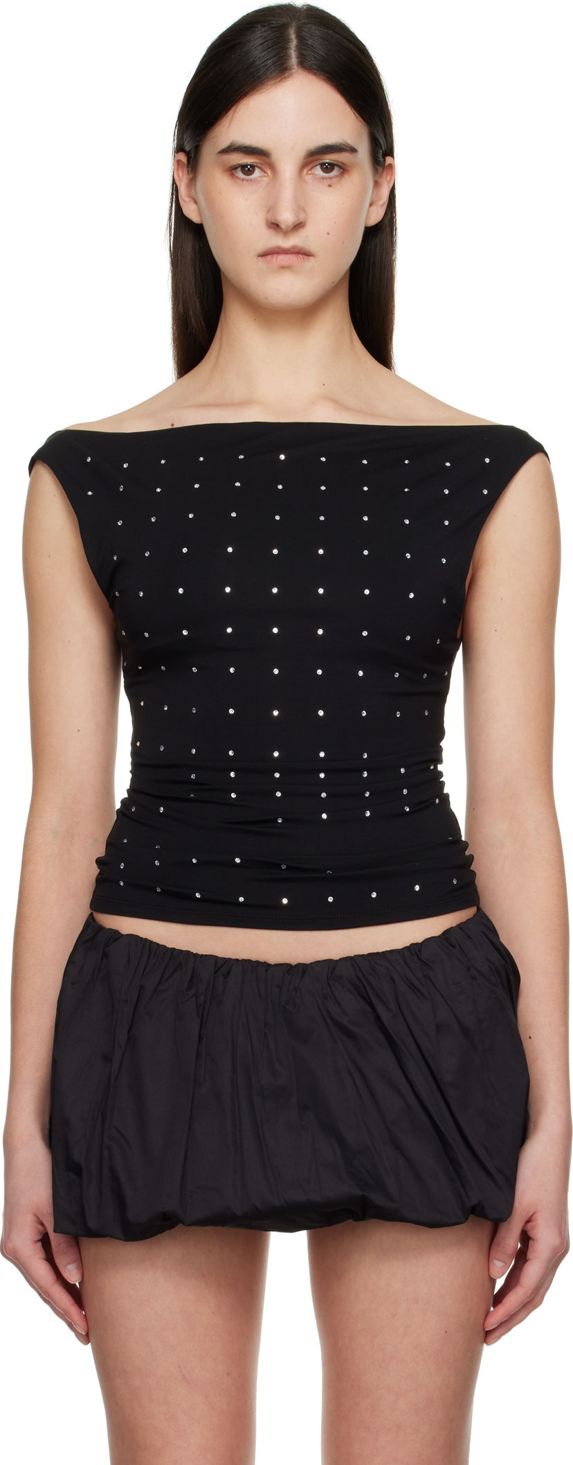 Hame Miaou Miaou Lani Crystal-Embellished Jersey Top Musta | 7114TJRBLK