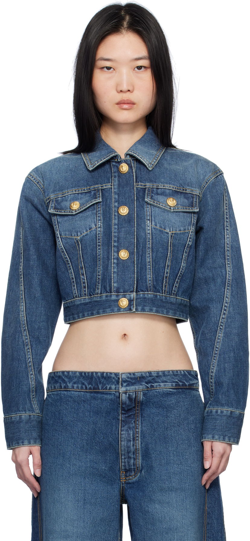 Takki Balmain Cropped Faded Denim Jacket Sininen | EF1TC180DF65