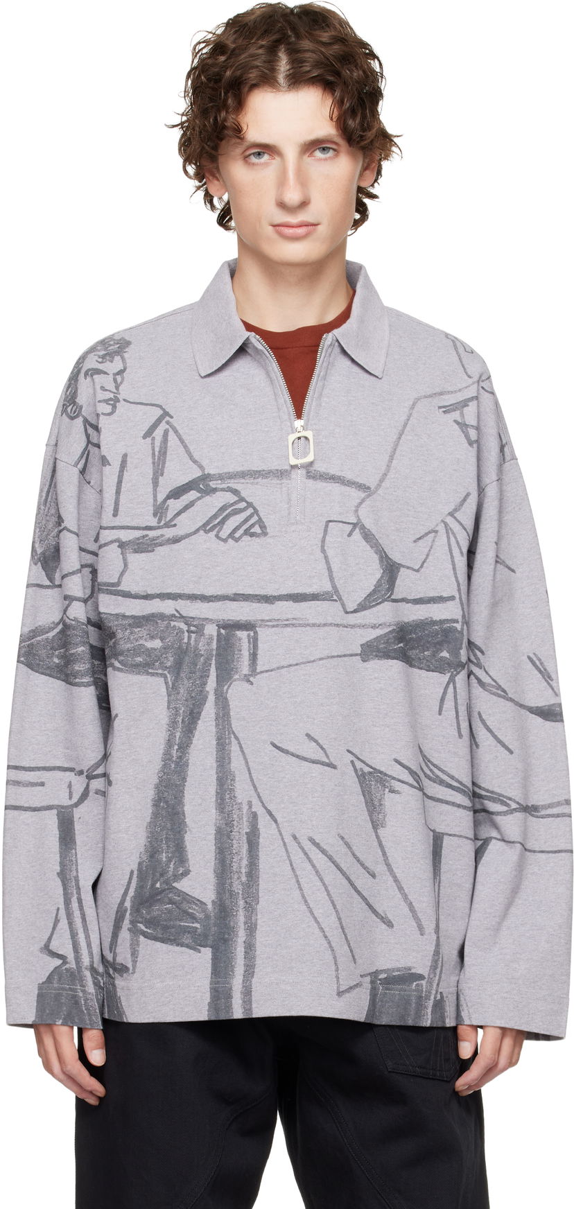 Poolopaita JW Anderson JW Anderson Figure Print Long-Sleeve Quarter-Zip Polo Harmaa | JO0274-PG1755