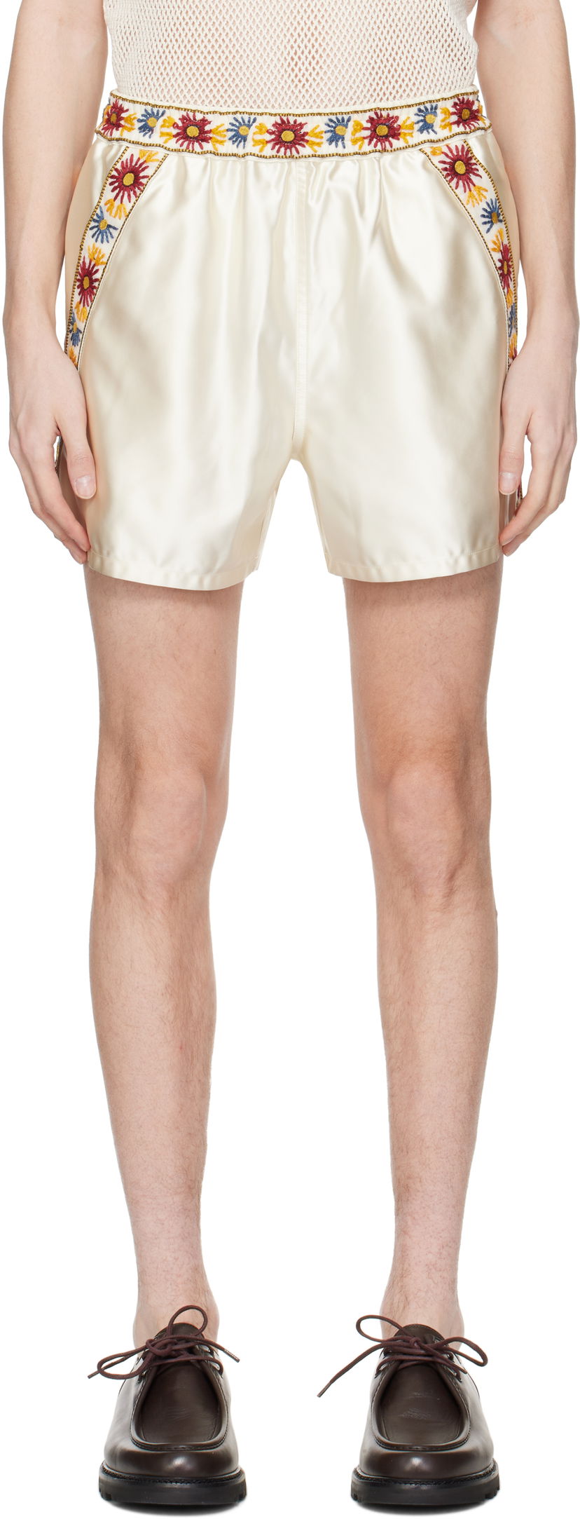 Shortsit Bode Bode Candyfloss Embroidered Satin Shorts Beige | MRS25BT057