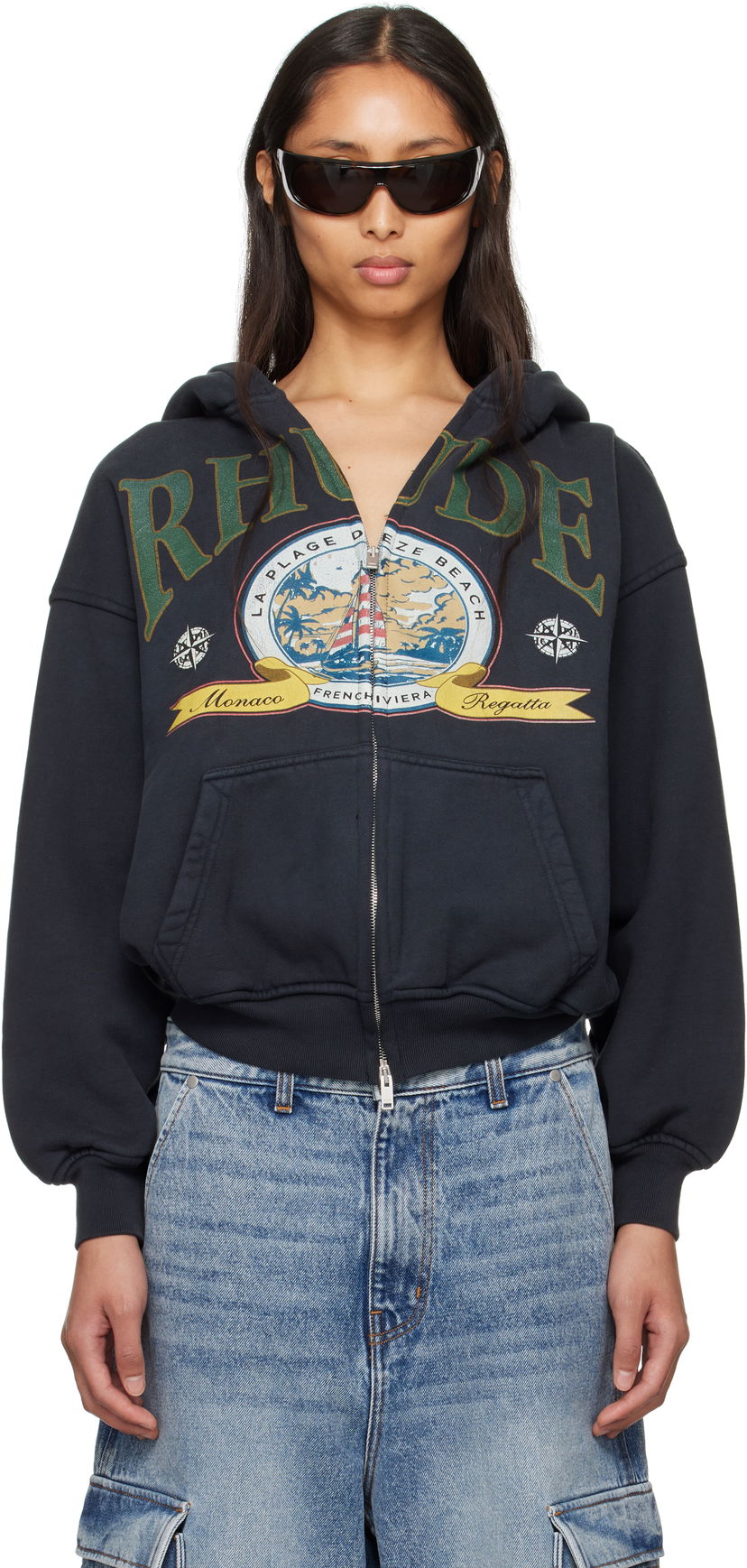 Huppari Rhude Rhude Monaco Regatta Graphic Full-Zip Hoodie Musta | RHSS25HO09012