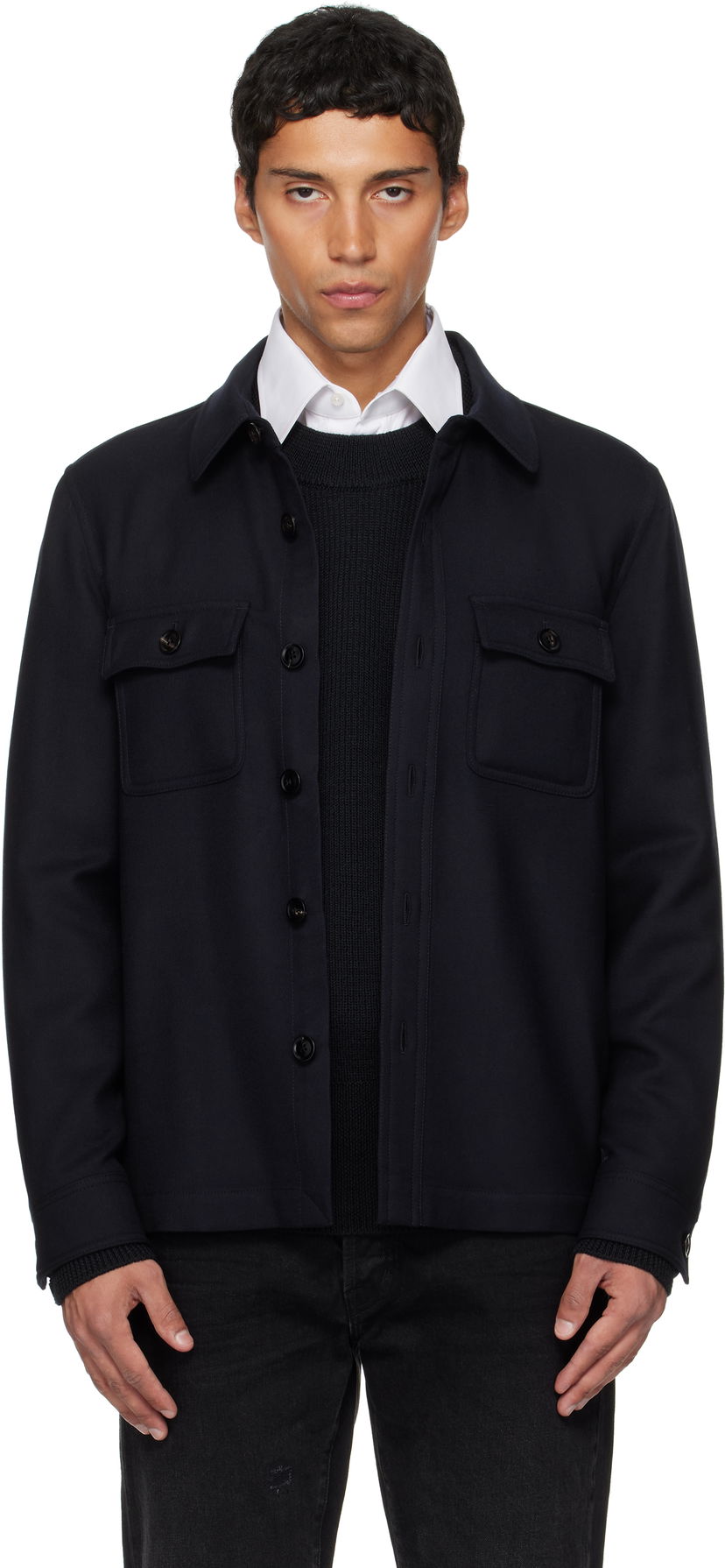 Takki Tom Ford TOM FORD Light Wool Chest Pocket Overshirt Tummansininen | OJS016-FMW063