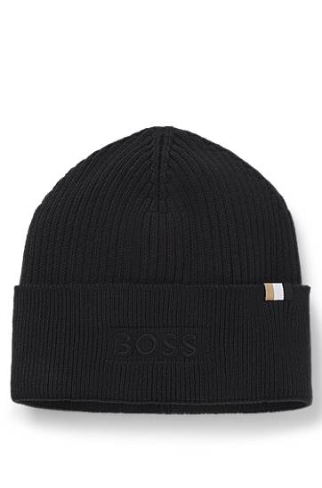 Pipo BOSS Ribbed Logo-Embroidered Beanie Hat in Wool and Cotton Musta | 50522427
