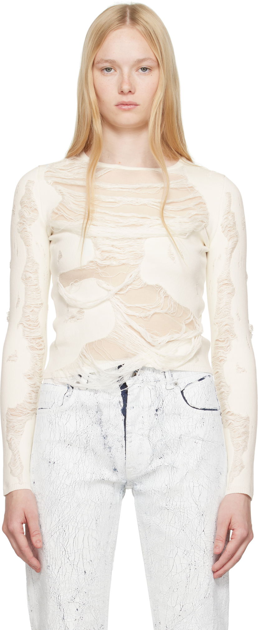 Villapaita Maison Margiela MM6 Maison Margiela Slashed Crewneck Sweater Valkoinen | S62HL0032 M13121
