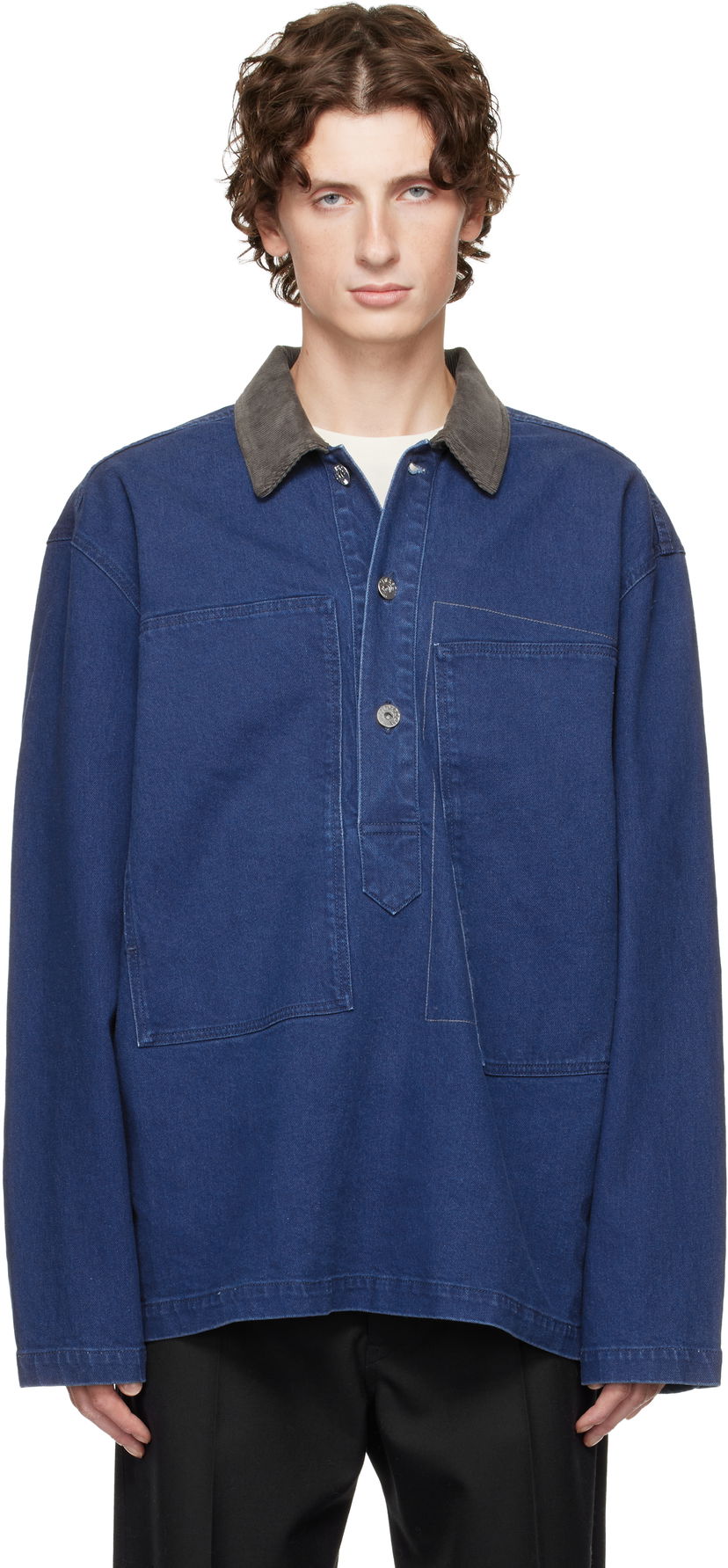Poolopaita JW Anderson Denim Polo with Patch Pockets and Corduroy Collar Sininen | DS0014-PG1835