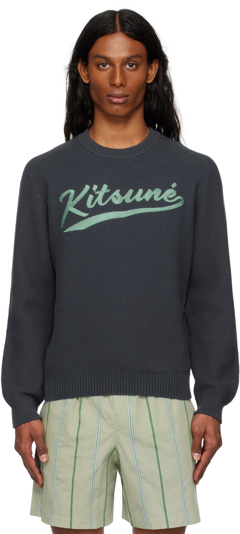 Villapaita MAISON KITSUNÉ Kitsuné Varsity Embroidered Mesh Sweater Harmaa | OM00808KT1137