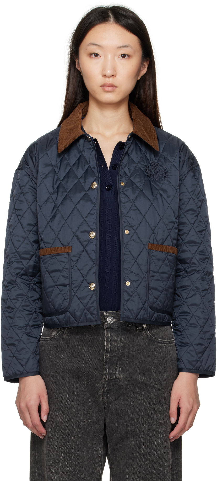 Takki Sporty & Rich Sporty & Rich H&W Crest Cropped Quilted Jacket Tummansininen | OW027620241BL106