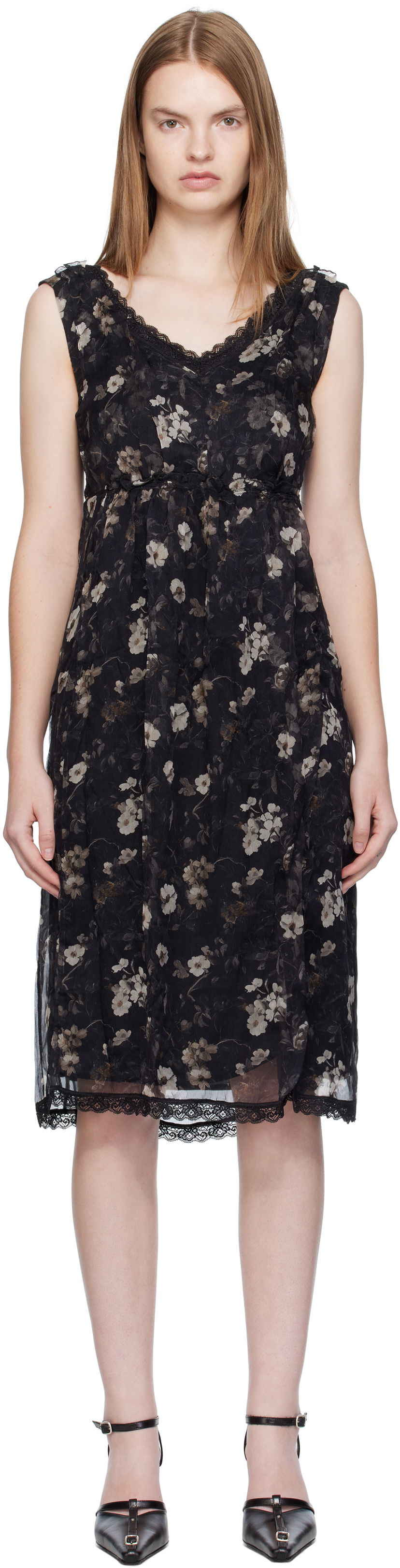Mekko R13 R13 Sleeveless V-Neck Floral Midi Dress Musta | R13WR476-R589A